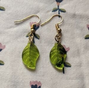 Handmade green leaf gold hook earrings